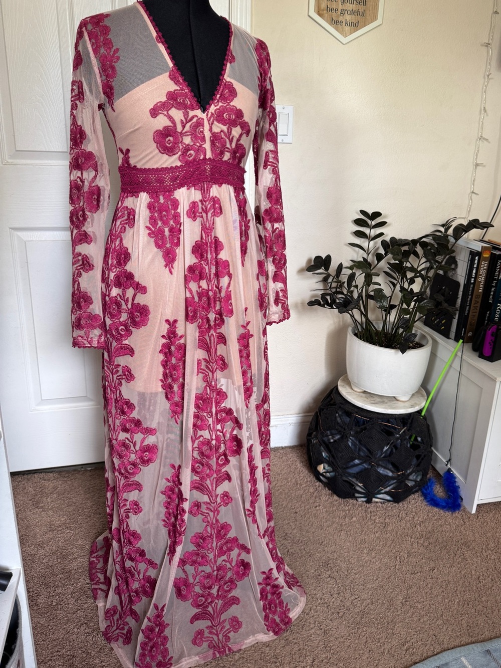 Altar'd State Burgundy Maxi Dress with Floral Embroidery